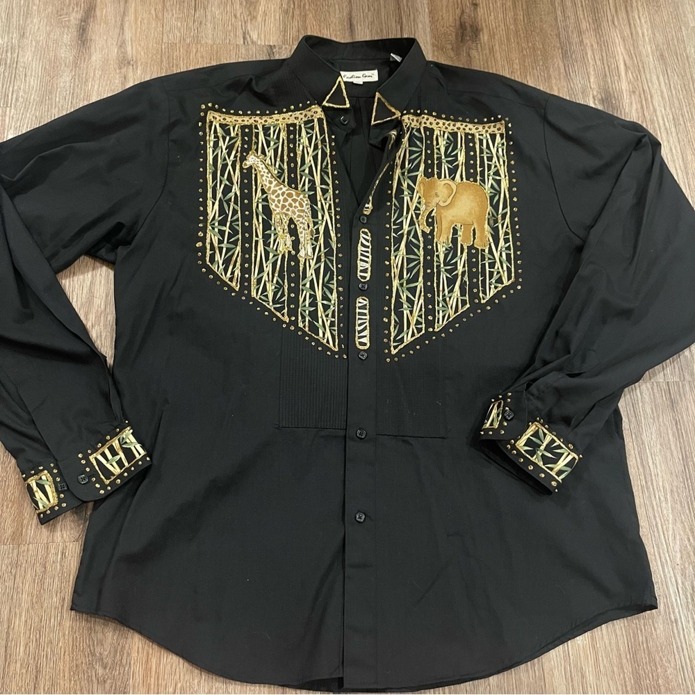 Vtg Button Up Blouse Women’s XL Black Gold Safari Animals Elefant Giraffe Lions